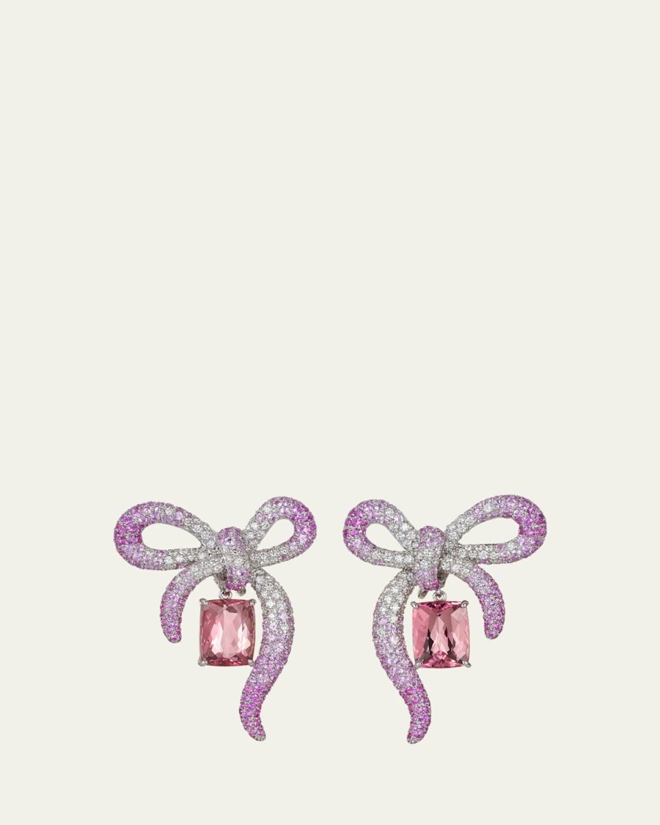 18K White Gold, Pink Tourmaline, and Diamond Bow Earrings